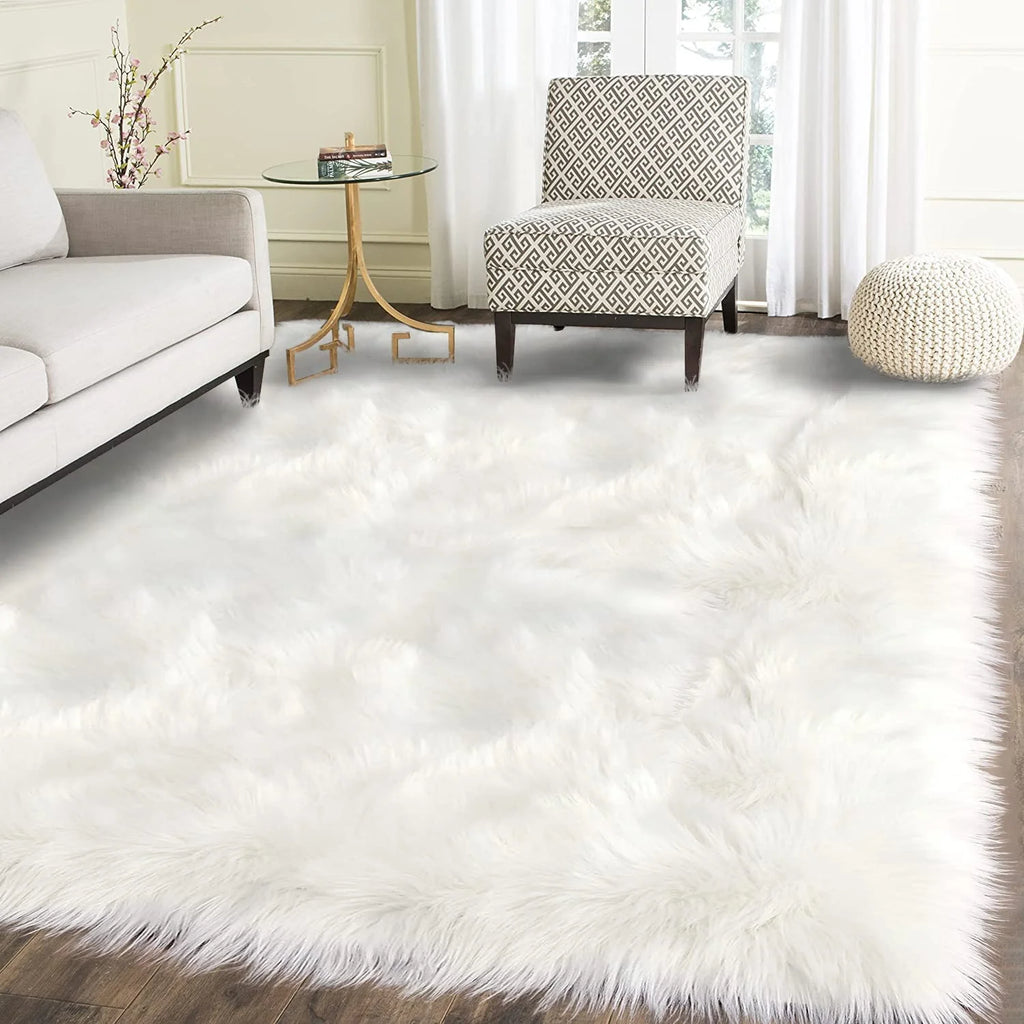 White Fur Rug 5X6.7, Faux Fur Sheepskin Rug for Living Room, Fluffy Washable Rug for Bedroom, Nursery Room, Luxury Room Decor, White Fur Rug, Rectangle