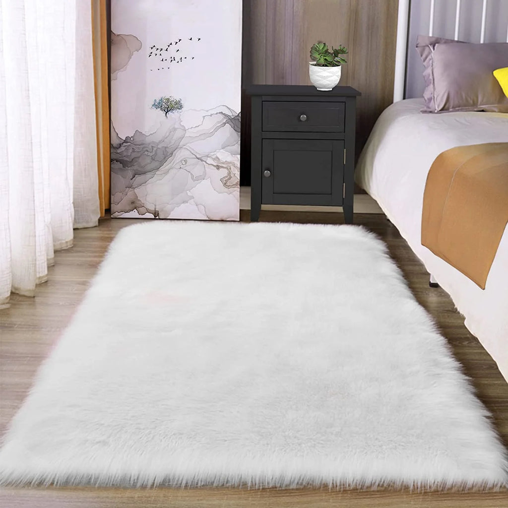 White Faux Fur Rug 3X5, Faux Sheepskin Rug for Living Room, Fluffy Washable Rug for Bedroom, Nursery Room, Luxury Room Decor, Furry Rug, Rectangle