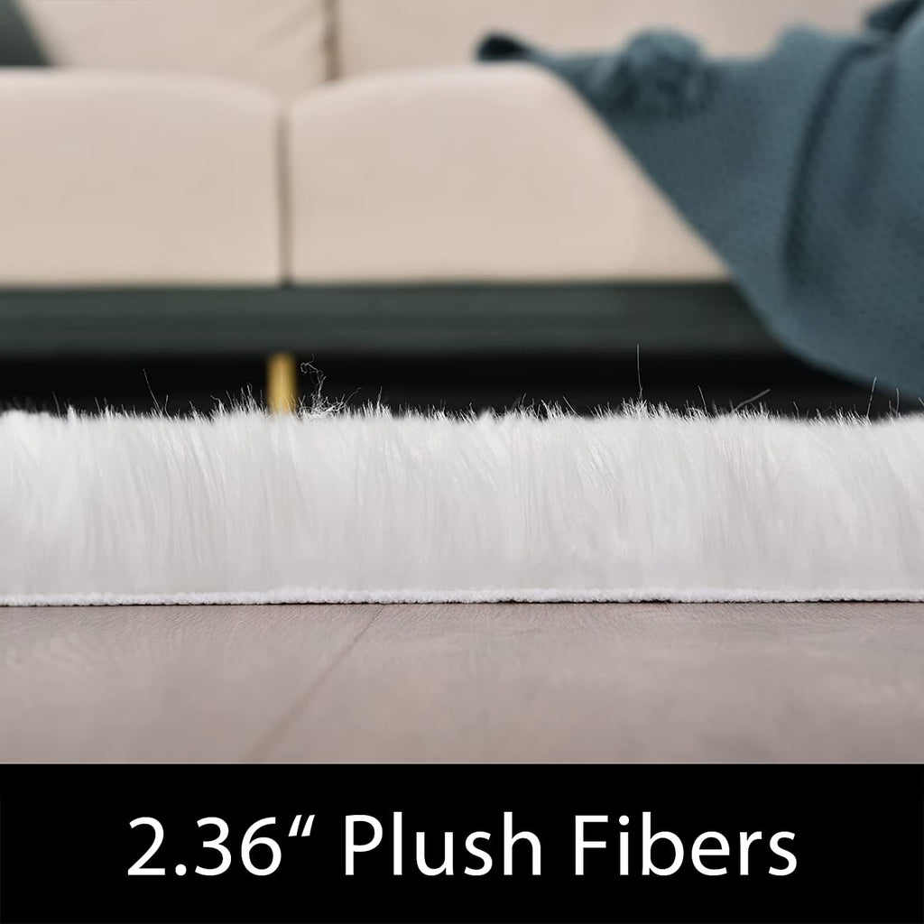 White Fur Rug 5X6.7, Faux Fur Sheepskin Rug for Living Room, Fluffy Washable Rug for Bedroom, Nursery Room, Luxury Room Decor, White Fur Rug, Rectangle