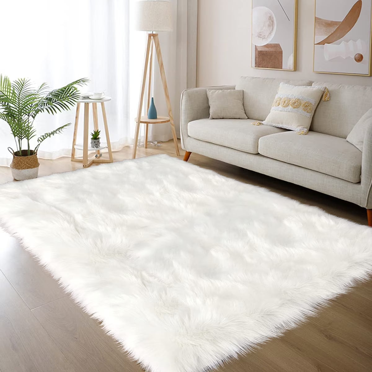 White Fur Rug 5X6.7, Faux Fur Sheepskin Rug for Living Room, Fluffy Washable Rug for Bedroom, Nursery Room, Luxury Room Decor, White Fur Rug, Rectangle